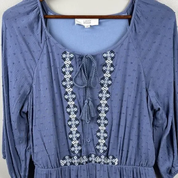 Lucky Brand Women Dress Blue Size Large Boho  V Neck Tie Short Sleeve Smock - Picture 2 of 9